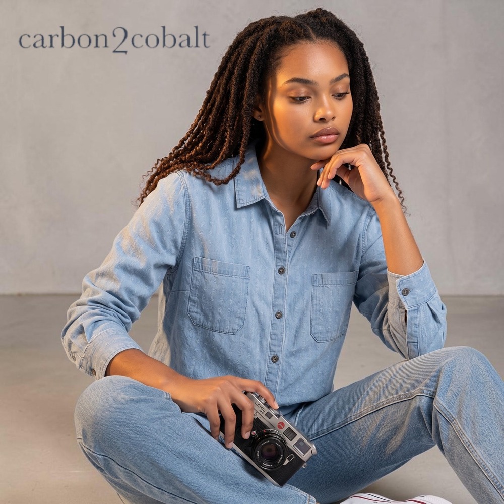 Carbon2Cobalt Womens Dobby Textured Cotton Chambray Button Down Shirt Blue XL